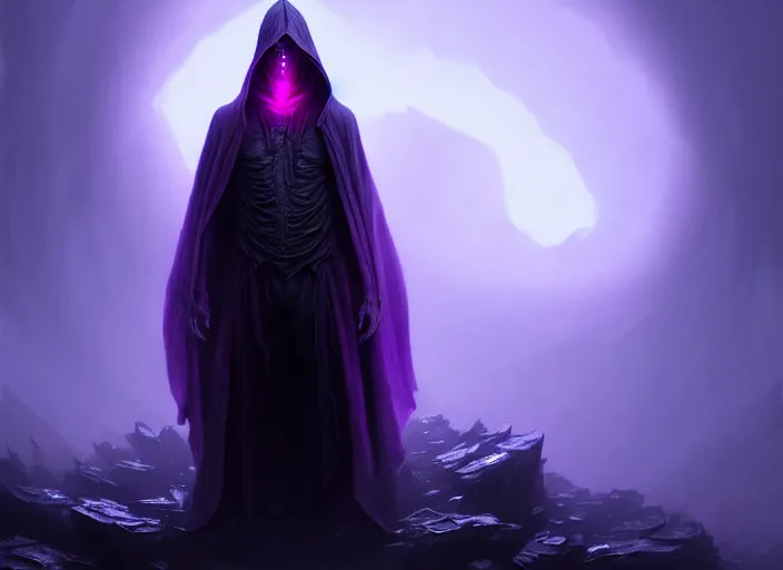Image similar to a dark hooded figure, glowing purple eyes, floating beautifully, fantasy, dramatic, intricate, elegant, highly detailed, digital painting, artstation, concept art, smooth, sharp focus, illustration, art by Gustave Dore, octane render