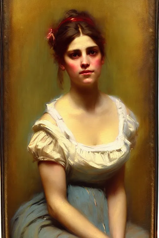 Image similar to soft colorsphotograph imax and solomon joseph solomon and richard schmid and jeremy lipking victorian loose genre loose painting full length portrait painting of pretty barmaid disney