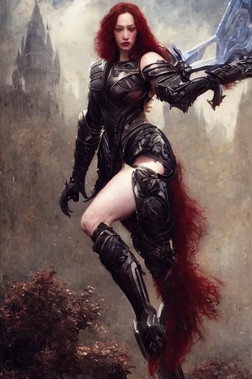 Prompt: muscular redhead kat dennings wearing black armour, bare legs, detailed, by gaston bussiere, bayard wu, greg rutkowski, giger, maxim verehin, greg rutkowski, masterpiece, sharp focus, cinematic lightning