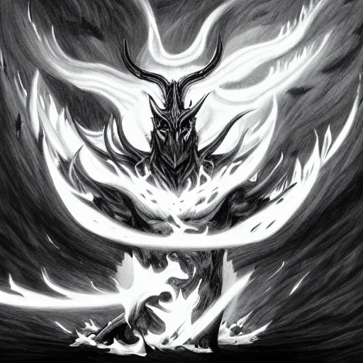 Image similar to full body grayscale drawing by Anato Finnstark of horned demon in heroic pose, swirling flames