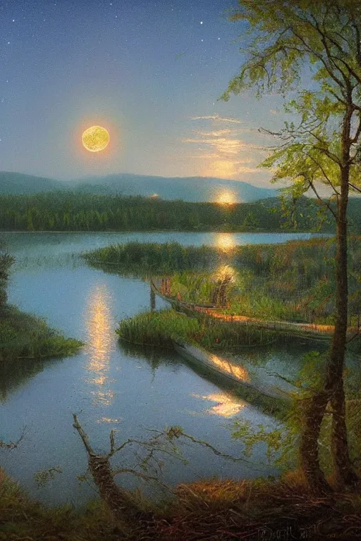 Image similar to fork lake, painted by darrell k. sweet and edd cartier, trending on artstation, moon light fish eye illustrator, bokeh, magic realism, dutch golden age, expressionism