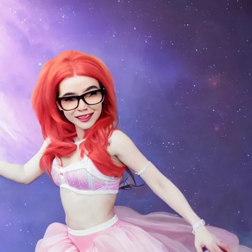 Prompt: photo realistic photo of belle delphine posing in space