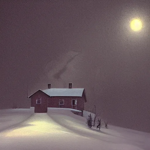 Prompt: a cabin on a hill, snowstorm, winter, smoke rising from the pipe, a little track of footprints, by alex andreev, landscape, high contrast, digital