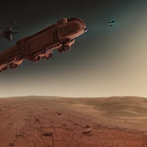 Image similar to an intricate, detailed matte painting of an alien train on mars with a winged creature flying over it, dusty, dramatic lighting, 4k, trending on artstation