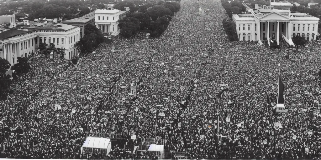 Image similar to a crowd of 6 0, 0 0 0 protesting around the white house, bird's eye view, polaroid, 6 0's, hyperrealism, no blur, 4 k resolution, ultra detailed