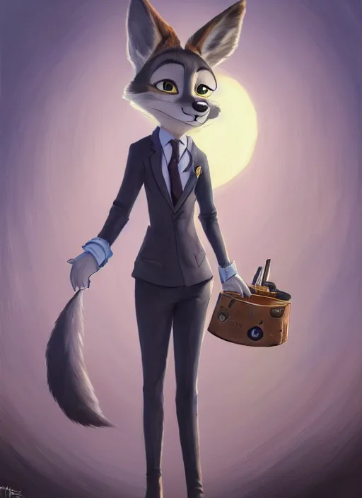 Image similar to oil painting of detailed full body of anthromorphic female wolf, in style of zootopia, zootopia, zootopia, fursona, furry, furaffinity, 4 k, deviantart, furry art, fursona art, wearing black business suit, business suit, in style of zootopia, wolf fursona, cyberpunk, female, expressive detailed feminine face,