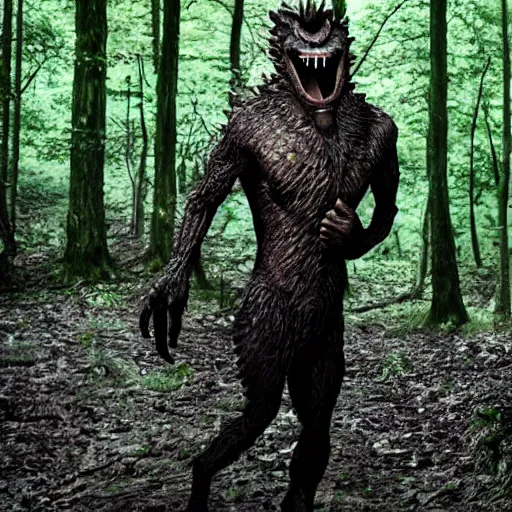 Image similar to werecreature consisting of a human and crocodile, photograph captured in a forest