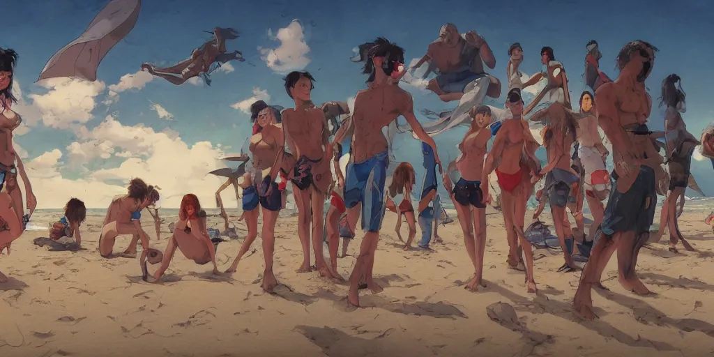 Image similar to Precisely drawn illustration of a small fantasy camp on a beach. Wide angle, Sharp, Fine Details, Anime, Manga, Cyberpunk, realistic shaded lighting, in style of Katsuhiro Otomo, Ghost in the Shell, Magali Villeneuve, Artgerm, Rutkowski, Jeremy Lipkin, Giuseppe Dangelico Pino, Michael Garmash and Rob Rey