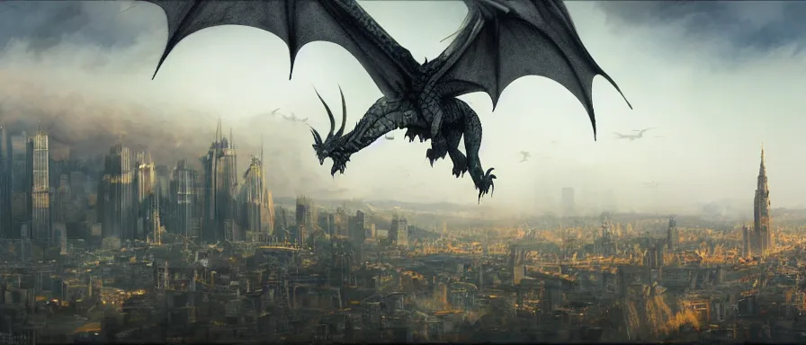 Prompt: one dragon flying over the city, detailed matte painting, trending on artstation, by Alan Lee, James Gurney, cinematic