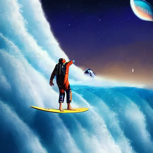 Image similar to a beautiful digital painting of an astronaut in a white and royal blue luxurious space suit surfing a tsunami on a chic surfboard at Pamukkale, thermal waters flowing down gold travertine terraces by greg rutkowski, award winning photo, trending on artstation, highly detailed, unreal engine, octane render