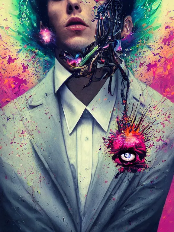 Prompt: art portrait of businessman with flower exploding out of head,by tristan eaton,Stanley Artgermm,Tom Bagshaw,Greg Rutkowski,Carne Griffiths,trending on DeviantArt,face enhance,chillwave,minimalist,cybernetic, android, blade runner,full of colour,