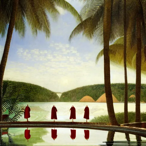 Prompt: a ultradetailed beautiful painting of monks standing in front of the diamonds waterfall in the amazonas palace balustrade designed by jules bastien - lepage, tarsila do amaral, frank weston and gustave baumann, beach, trending on artstation, mediterranean, palm trees, sharp focus, soft light, 8 k 4 k