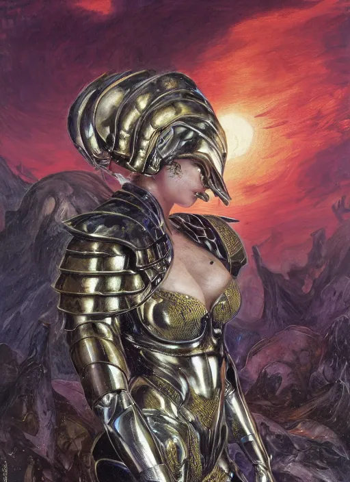 Image similar to a biblical diabolical beautiful female valkyree android, shiny plastic armor, fly, dynamic pose, splashing, heavy eyes to the side, closeup, bright glowing veins, in clouds, rain, sunset, portrait, by gerald brom, by mikhail vrubel, by peter elson, muted colors, extreme detail, reflections, trending on artstation, 8 k