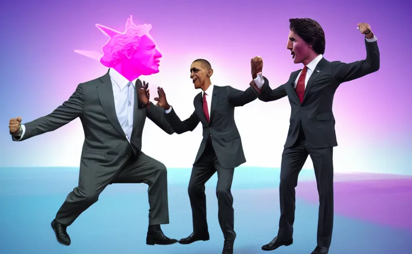 Image similar to Justin Trudeau getting smacked by a giant bodybuilder Obama, By Beeple