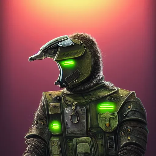 Prompt: a goose in a detective suit, mossy, dystopia core, apocalyptic, armor, warrior, dramatic, sharp focus, fiction, neon, fantasy, hyper detailed, digital art, trending in artstation, cinematic lighting