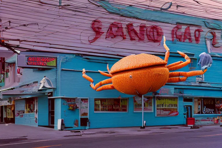 Image similar to 2 0 1 5 giant crab terrorizing a city, googie architecture, americana, fishcore, exterior photography, hd 8 k, photography cinestill