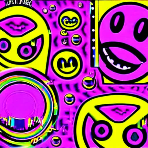 Prompt: acid house music rave graphics psychedelic illustration smiley ecstasy dnb jungle pill graffiti detailed