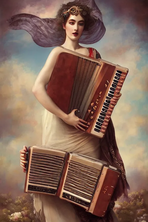 Image similar to the goddess of accordions, by tom bagshaw peter kemp