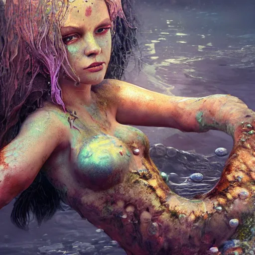 Prompt: a sad mermaid covered in toxic waste, ultra realistic, concept art, intricate details, highly detailed, photorealistic, octane render, 8 k, unreal engine, art by frank frazetta, simon bisley, brom