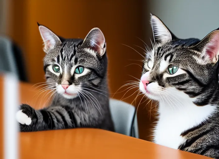 Image similar to photo of cats attending a management board meeting. Highly detailed 8k. Intricate. Sony a7r iv 55mm. Stock photo.