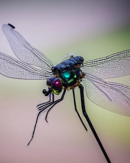 Image similar to high quality presentation photo of a miuature robotic dragonfly, photography 4k, f1.8 anamorphic, bokeh, 4k, Canon, Nikon