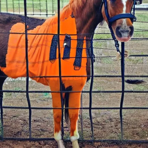 Image similar to horse with orange inmate clothes, in a jail