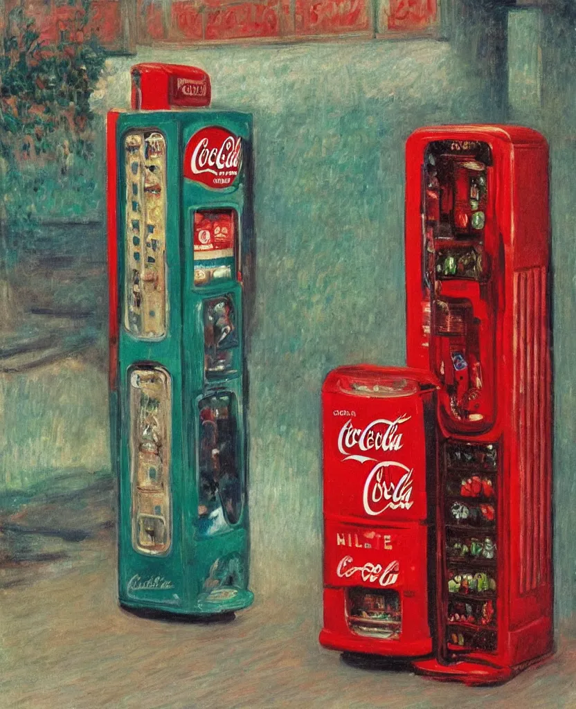 Prompt: achingly beautiful oil painting of 1 9 4 0 s coca - cola vending machine by monet, hopper, and magritte. centered.