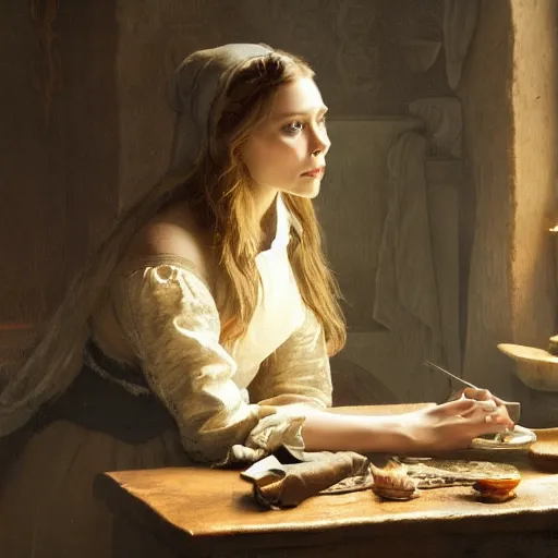 Image similar to elizabeth olsen, sitting in a dark kitchen in the medieval period, the only light illuminating is a candle on the desk, illustrated by gaston bussiere and johannes vermeer, artstation, cgsociety, artstation contest winner, artstation medieval, artstation fashion, 4 k, 8 k