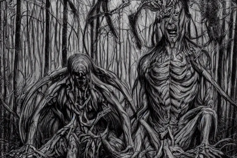 Image similar to multi headed demon in a forest in the style of wayne barlowe