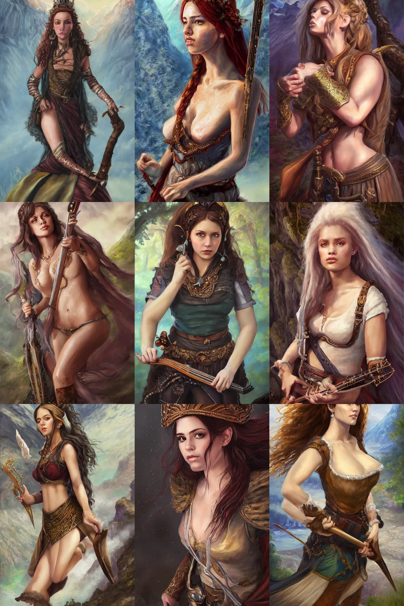 Image similar to a full body high detail fantasy portrait oil painting illustration of a single beautiful female bard by justin sweet with face and body clearly visible, in a scenic background, pretty eyes, realistic proportions, d & d, rpg, forgotten realms, artstation trending, high quality, sombre mood, artstation trending, muted colours, entire person visible!