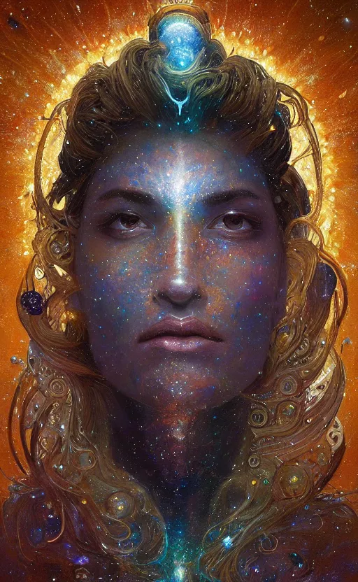 Prompt: portrait of a cosmic god, body made out of stars and galaxies and cosmic energy, intricate, headshot, highly detailed, digital painting, artstation, concept art, sharp focus, cinematic lighting, illustration, art by artgerm and greg rutkowski, alphonse mucha, cgsociety