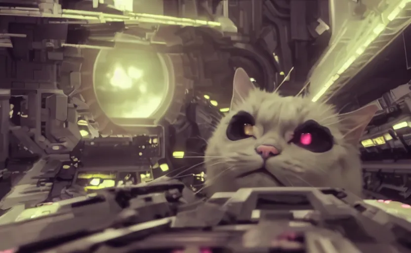 Prompt: a centered symmetric view movie scene of a angry cat in a command center of mecha, ultra realistic, detailed