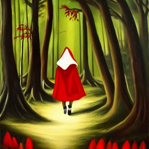 Image similar to oil painting of little red riding hood walking through a dark forest, flanked by brugmansia suaveolens trees with beautiful white flowers, scary