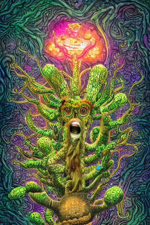 Image similar to creature sushi roots cactus elemental flush of force nature micro world fluo light deepdream a wild amazing steampunk baroque ancient alien creature, intricate detail, colorful digital painting radiating a glowing aura global illumination ray tracing