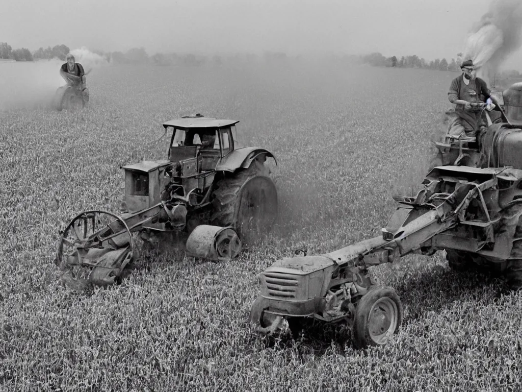 Prompt: grumpy finnish grandpa plowing oat field with old smoke spewing valmet - tractor, 1 9 6 6, home album pocket camera photo, detailed facial features, hyper realistic