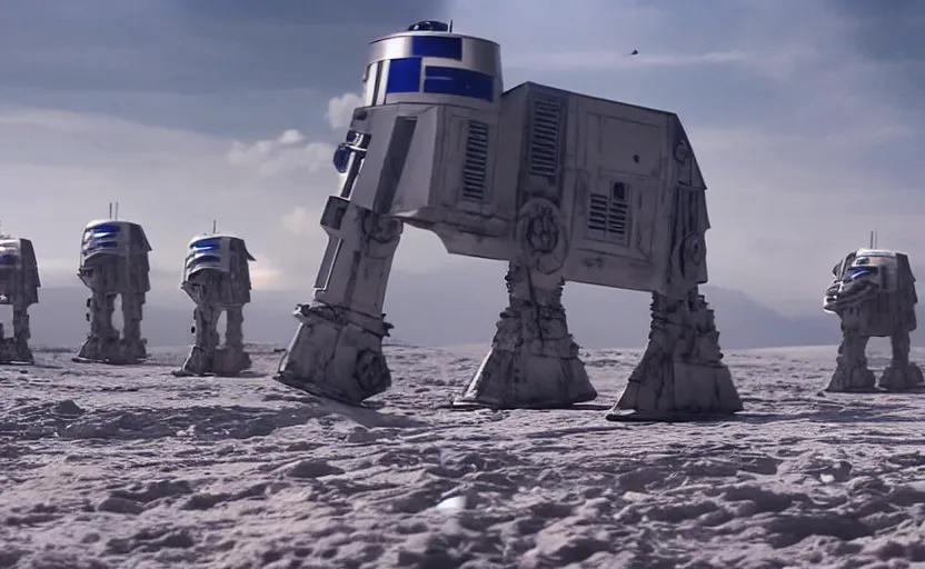 Image similar to a screenshot wide shot of hybrid giant R2-D2 mixed with an AT-AT land walkers, marching on a red landscape, from Star Wars The Last Jedi, iconic scene from the 1980 film directed by Stanley Kubrick, shot on anamorphic lenses, cinematography, 70mm film, lens flare, kodak color film stock, ektachrome, immensely detailed scene, 4k