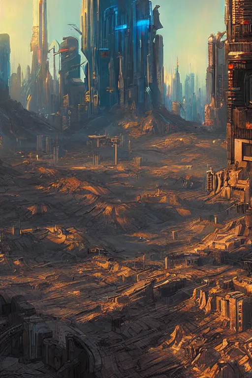 Prompt: beautiful digital art of cyberpunk badlands by james gurney