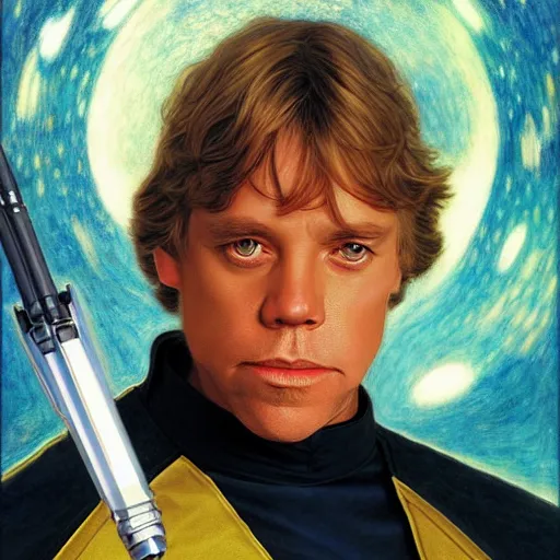 Prompt: a portrait of luke skywalker in a starfleet uniform star trek chief engineer wizard hat and wand. detailed face highly detailed painting by gaston bussiere craig mullins jc leyendecker gustav klimt artgerm greg rutkowski