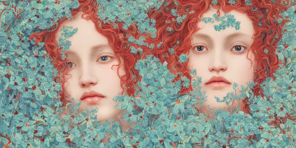 Image similar to breathtaking detailed concept art painting blend of few red curly hair goddesses of light blue flowers by hsiao - ron cheng with anxious piercing eyes, vintage illustration pattern with bizarre compositions blend of flowers and fruits and birds by beto val and john james audubon, exquisite detail, extremely moody lighting, 8 k