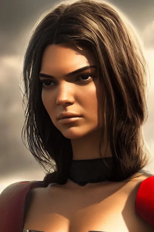 Image similar to a fancy close up of Man of Steel cast as Kendall Jenner by Greg Rutkowski, Sung Choi, Mitchell Mohrhauser, Maciej Kuciara, Johnson Ting, Maxim Verehin, Peter Konig, 8k photorealistic, cinematic lighting, HD, high details, dramatic, trending on artstation, full body shot