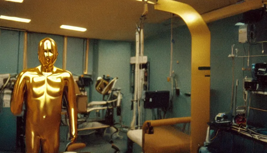 Image similar to 7 0 s movie still of a man made of gold the hospital, cinestill 8 0 0 t 3 5 mm eastmancolor, heavy grain, high quality, high detail