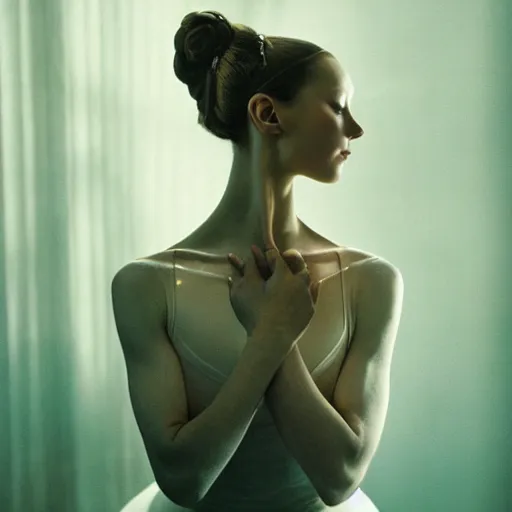 Image similar to portrait of a ballerina with a beautiful porcelain face, cinematic light and reflections, beautiful dreamy lighting, photographed by annie leibovitz,