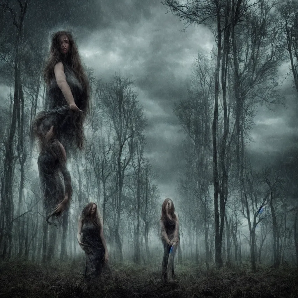 Prompt: head and shoulders cinematic portrait of a forest witch against a stormy sky,, artgerm, gregory crewdson, hyperreal