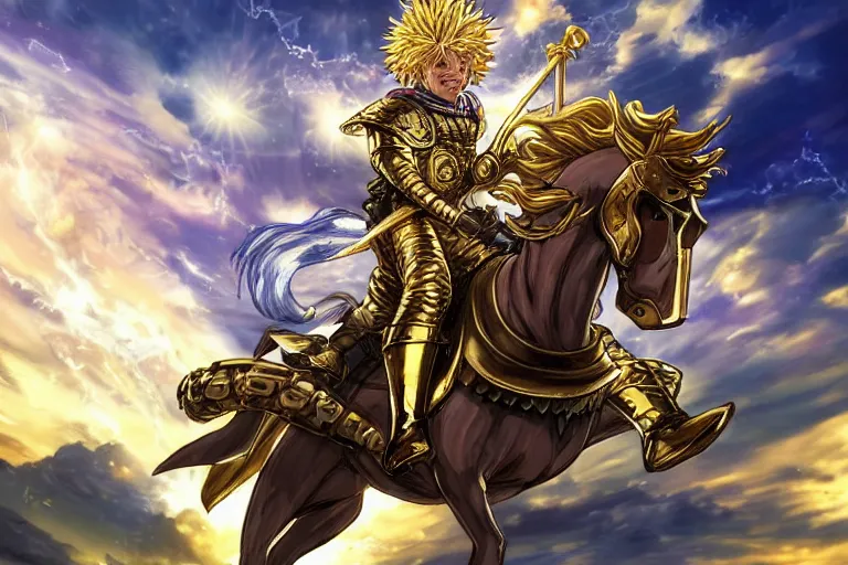 Image similar to an ultra detailed portrait of king richard the lionhearted as a shonen anime protagonist charging into battle wearing bright gold armor and riding a horse bless by god, 8 k, volumetric lighting, smooth, highly detailed, digital illustration, art by kentaro miura and akira toriyama and artgerm