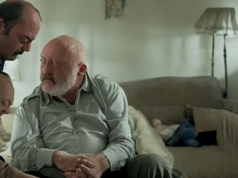 Prompt: a scene from a deeply emotional movie about a irritable bowel syndrome. a warm romantic movie starring mike ehrmantraut and nick offerman as an elderly couple and their struggle with farting by director j. j. abrams, blue - ray screenshot, filmed by roger deakins