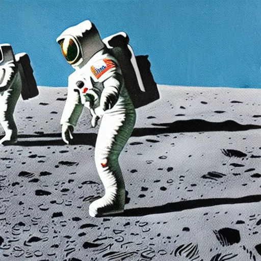 Prompt: a painting of astronauts walking on the moon with the earth in the background, by howard finster