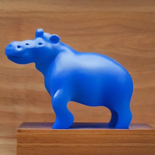 Image similar to a zoomed out studio product shot of a rounded carved smooth cherry wood and blue resin hippopotamus, in profile, like a catalog photograph, mostly wood, with a smooth featureless minimalist look