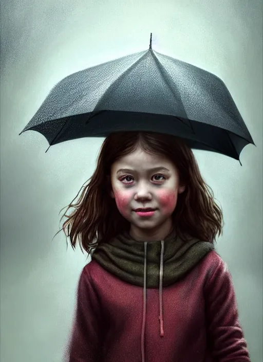 Image similar to a little girl stands outside in glee while it is literally raining cats and dogs, diffuse lighting, detailed face, fantasy, intricate, surrealism!!!!, highly detailed, lifelike, photorealistic, digital painting, artstation, illustration, concept art, smooth, sharp focus,