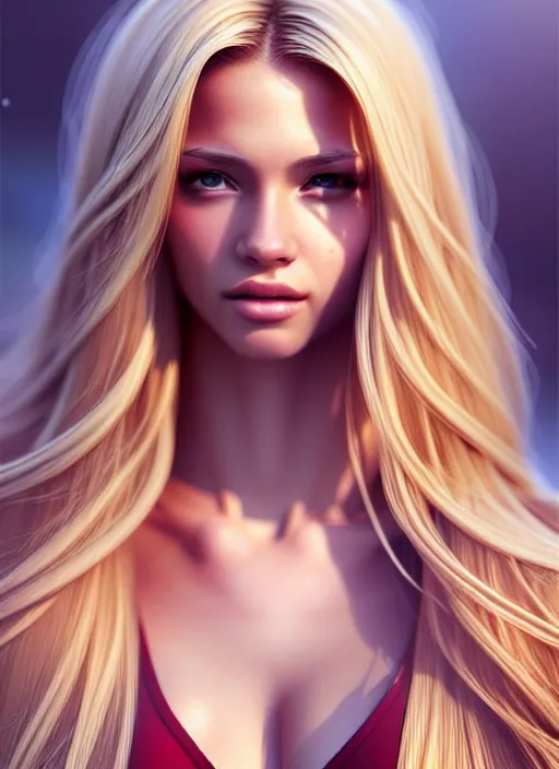 Image similar to photo of a gorgeous female with long blonde hair in the style of stefan kostic, realistic, body shot, sharp focus, 8 k high definition, insanely detailed, intricate, elegant, art by stanley lau and artgerm, floating embers