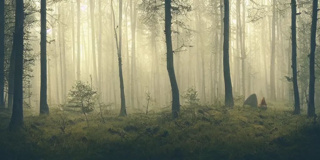 Image similar to swedish forest, dawn, hazy, fog, golden hour, sunlight, beautiful!!!!!!!!!, greg rutkowski, cinematic, atmospheric